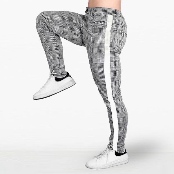 

running pants hip long trousers streetwear casual fashion men jogging plaid grey side stripe skinny bottom slim fit sweatpants, Black;blue