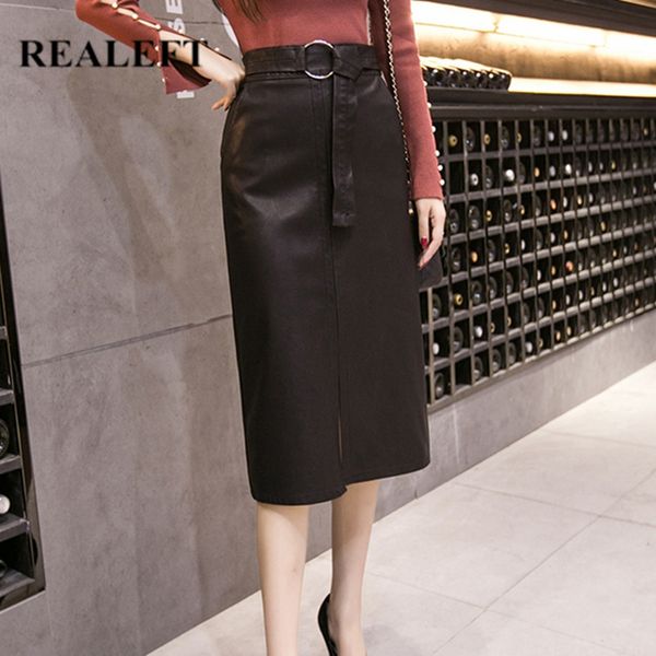 

high waist pu leather skirts for women fashionable winter autumn ol style a-line with belt ssk051 210428, Black