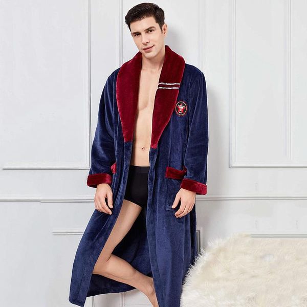 

men's sleepwear kimono robe intimate lingerie casual nightgown plus size 4xl flannel winter warm homewear soft bathrobe gown, Black;brown