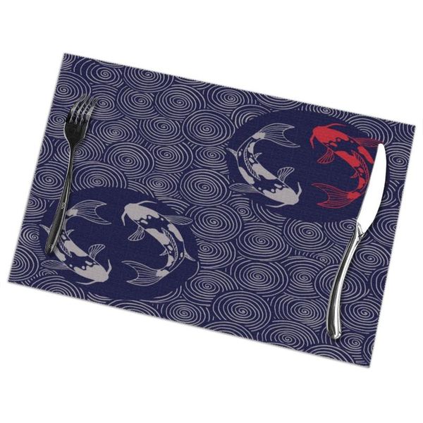 

mats & pads table drink placemats japanese waves koi carps blue print coffee mug cup coasters 6 pcs non-slip