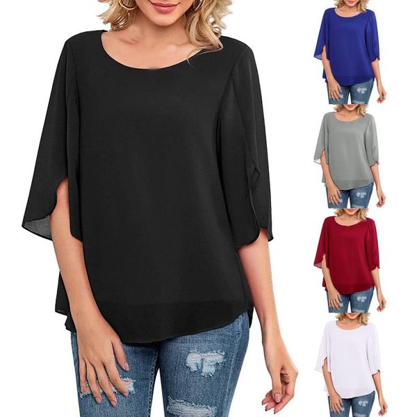 

fashion lady womens casual round neck loose 3/4 sleeve chiffon blouse shirt vestiti di moda women's t-shirt, White