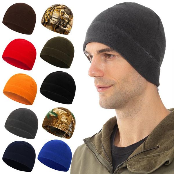 

berets men women winter warm outdoor faux fleece round hat camo camouflage solid color windproof military tactical beanie skull cap, Blue;gray