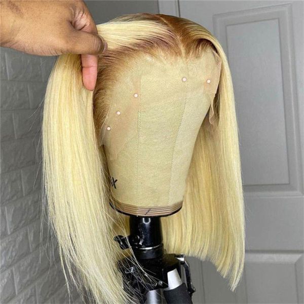 

lace wigs #4/613 ombre blonde colored short bob wig front human hair pre plucked for women transparent with baby, Black;brown