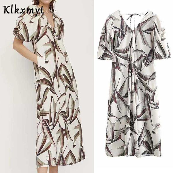 Klkxmyt Za Kleid Frauen Sommer Vintage Kurzarm Blätter Drucken Bogen Spitze Up Midi Kleider Casual Weibliche Party Vestidos 210527