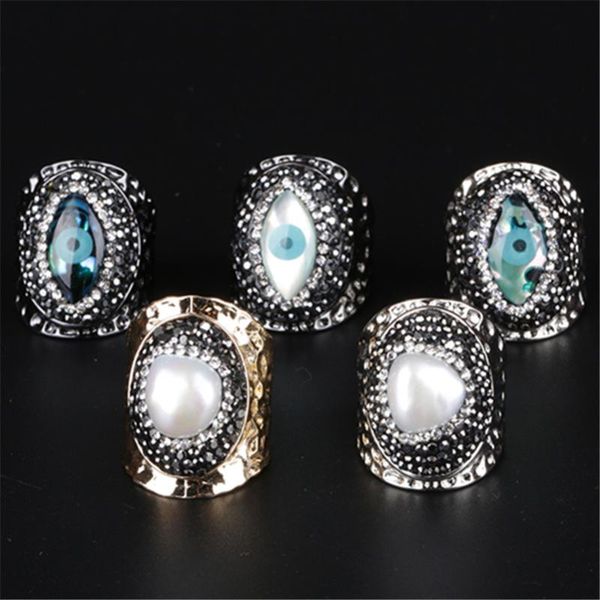 

cluster rings evil eye natural pearl charm rhinestone beads black ring resizable hammered open wrapped cuff for women man, Golden;silver