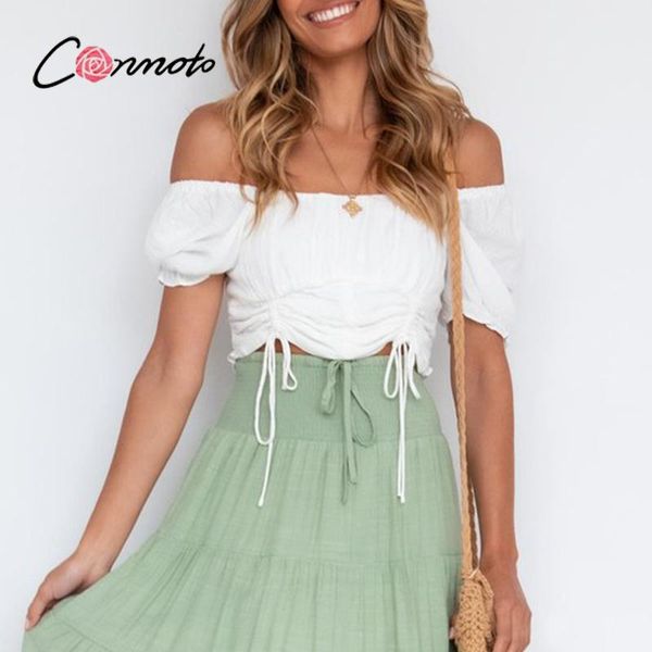 

women's blouses & shirts conmoto pure color drawstring blouse female puff sleeves off shoulder woman summer slim white crop 2021