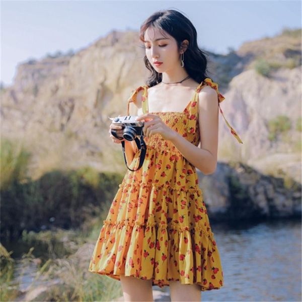 

casual dresses floral print yellow dress women summer holiday beach boho korean cute sleeveless ruffle short, Black;gray