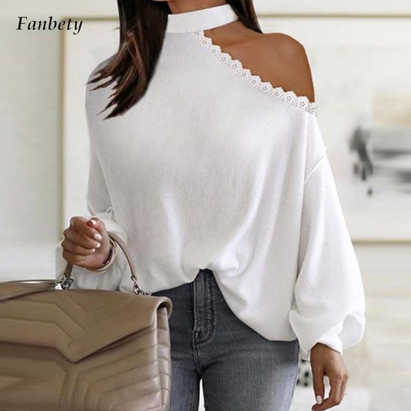 

women's blouses & shirts design women fashion lace halter off shoulder knitted blouse spring office elegant solid lantern sleeve casual, White