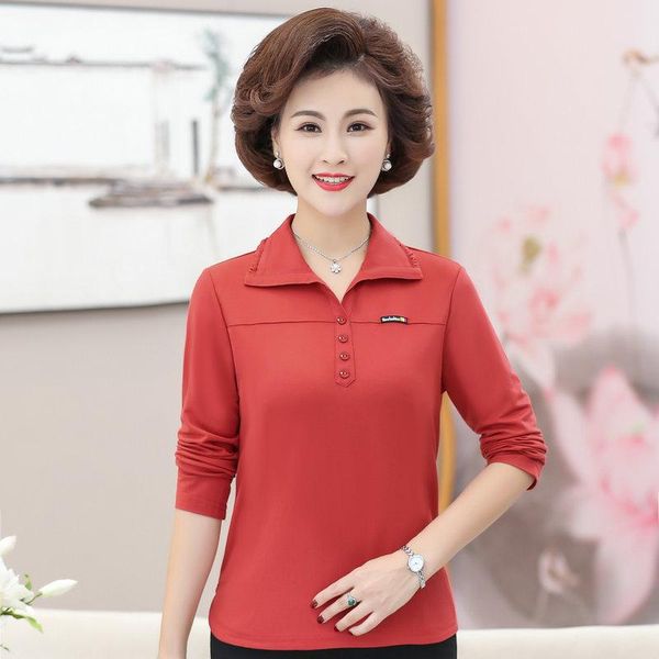

middle aged women red blouse autumn spring long sleeve turn down collar cotton woman casual basic blouses plus size clothes women's & s, White