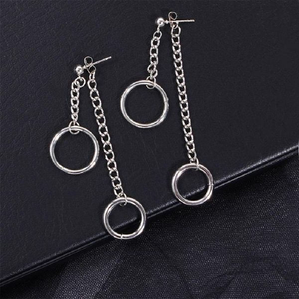 

dangle & chandelier long earring pendant asymmetric back hanging street style geometric circle chain ring two simple female earrings, Silver