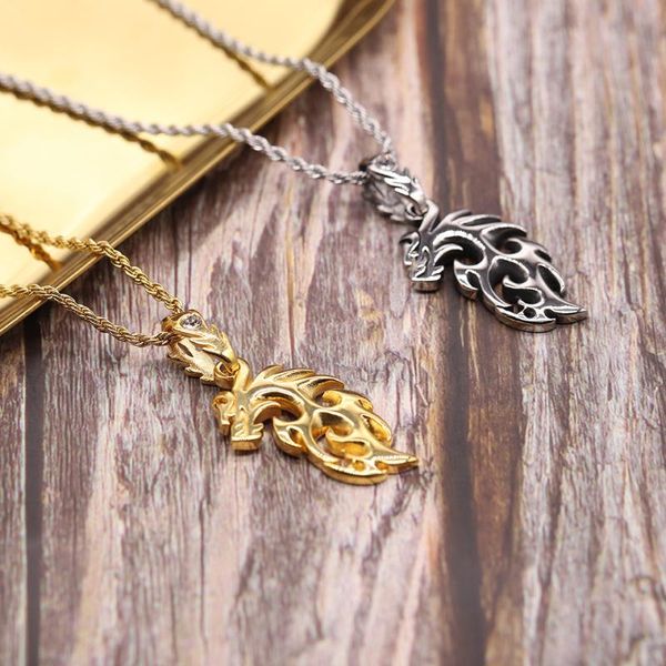 

stainless steel vintage dragon punk rock pendant necklace men jewelry zircon stone eye necklaces gift for him chains, Silver