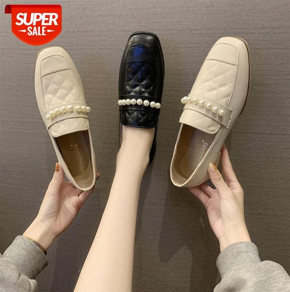 

net red pearl single shoes women's early small leather british style muller retro square heel lazy #nf9l, Black