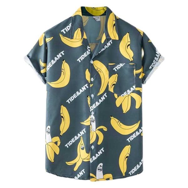 

men's casual shirts funny banana print hawaiian shirt men 2021 summer short sleeve beach wear holiday vacation aloha party clothing che, White;black