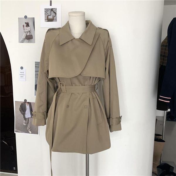 

women's trench coats small short coat british style double-breasted loose thin tooling jacket women, Tan;black