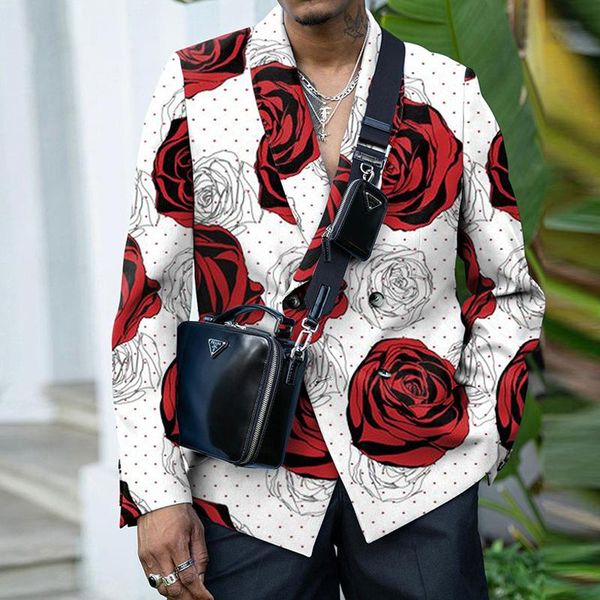 

men's suits & blazers mens autumn blazer cardigan jacket men long sleeve rose print casual streetshirts 2021 fashion turn-down button c, White;black