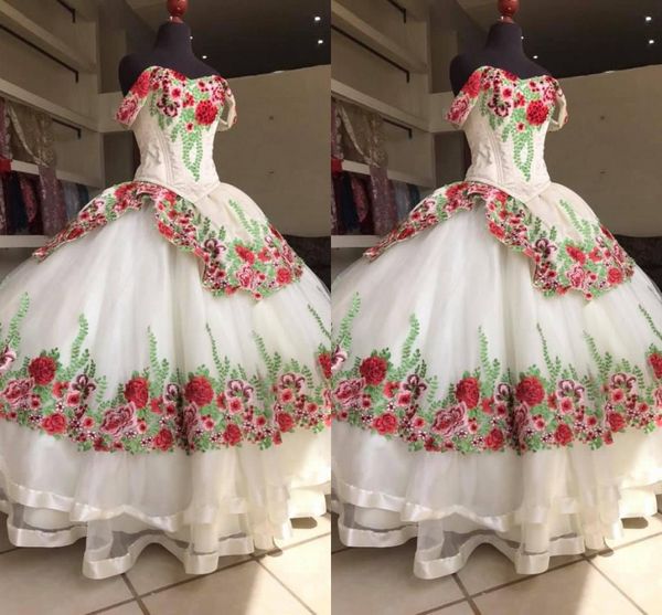 

2022 floral appliques quinceanera dresses charro mexican style off the shoulder two layers ball gown princess sweet 16 girls prom dress, Blue;red