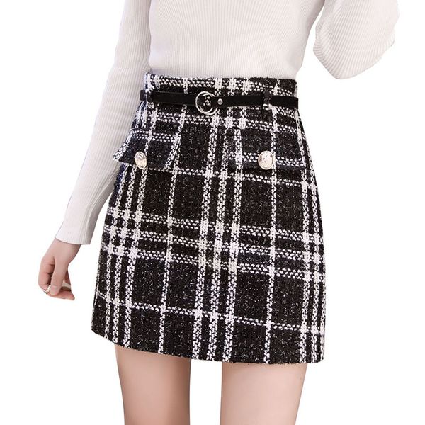

skirt female autumn button mini pencil plaid korean wool stylish high waist tweed skirts i4kx, Black