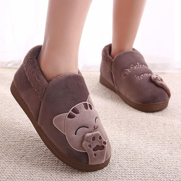 

slippers women winter home cartoon cat shoes non-slip soft warm house indoor bedroom lovers couples, Black