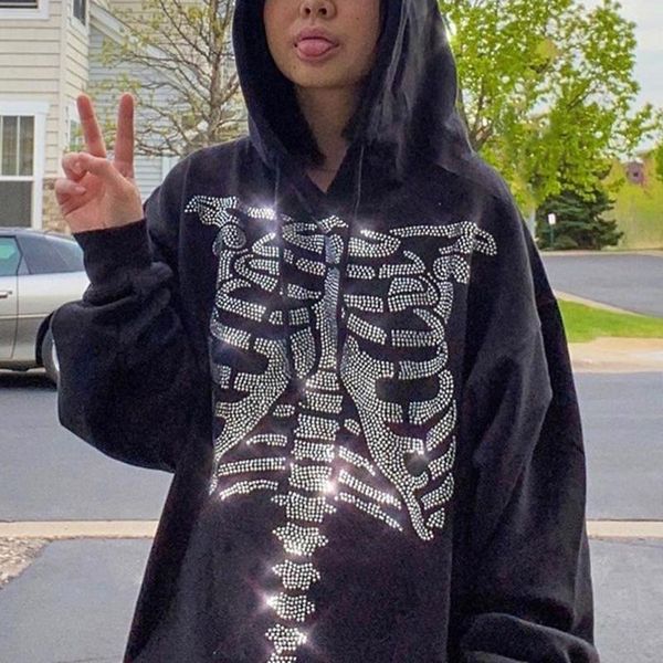 

women's hoodies & sweatshirts goth black oversized women techwear skulls diamond e girl y2k pullovers long sleeve casual autumn