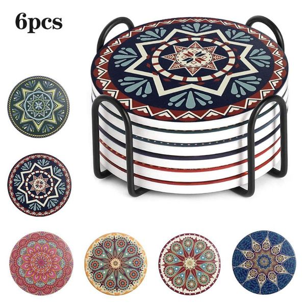 

mats & pads 6pcs coasters for drinks absorbent with holder mandala design cups set super &cold drink