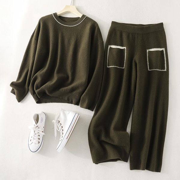 

women's two piece pants women 2 outifts sets 2021 products in autumn pure wool round neck long sleeve wide leg knit pocket decoration, White