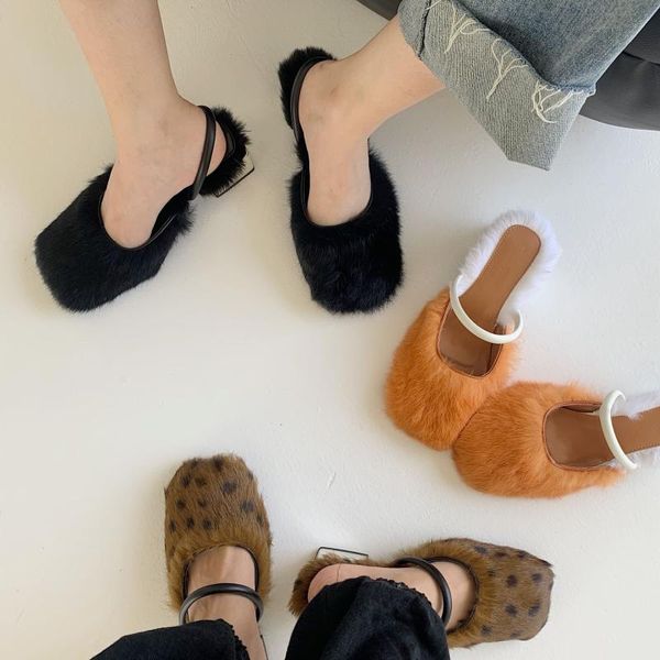 

fluffy fur leopard slingback mules shoes silver med heel vintage square toe outdoor slippers women mixed colors slides, Black
