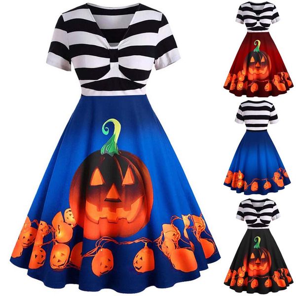 

halloween dress short sleeve women's striped patchwork pumpkin print party, Black;gray