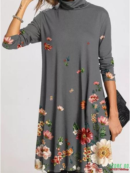

casual dresses autumn winter women long sleeve turtleneck loose mini dress elegant t shirt plus size vintage warm print, Black;gray