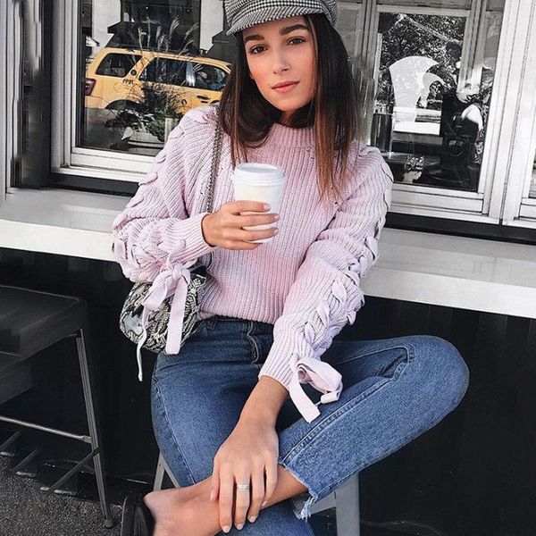 

women's sweaters hirigin fashion women lace up sides crew neck long sleeve sweater knitted winter warm high street pullover crop, White;black