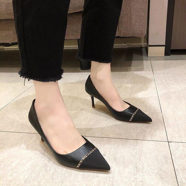 

dress shoes retro style pointed metal decoration color matching ladies high heels summer trend temperament single comfortable., Black