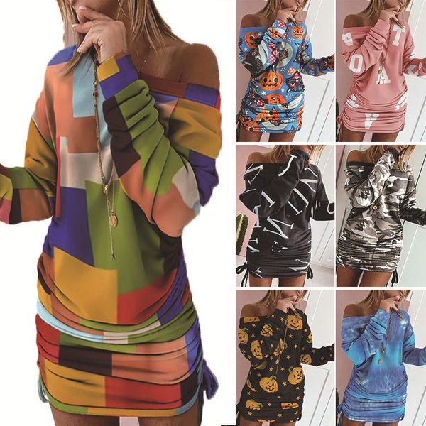

casual dresses ladies' contrasting color printing irregular long sleeve dress, Black;gray