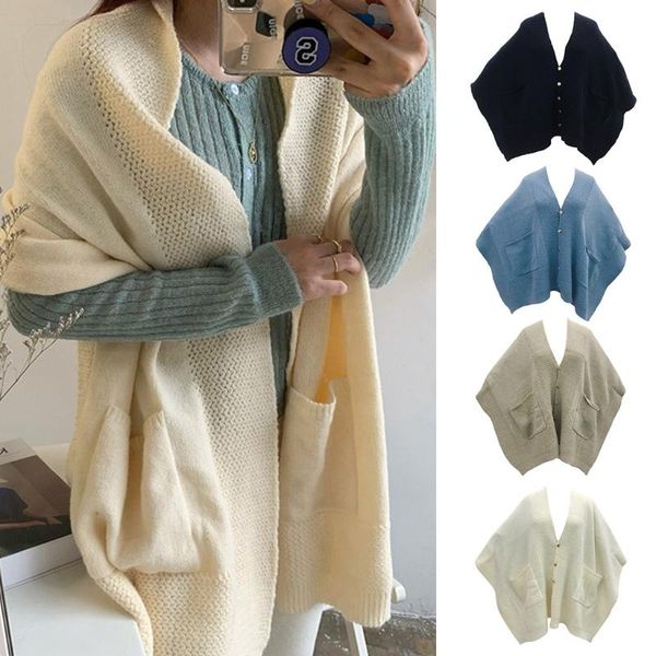 

scarves women winter knit oversized poncho blanket cape with front pockets solid color shawl wrap button down sweater cardigan, Blue;gray