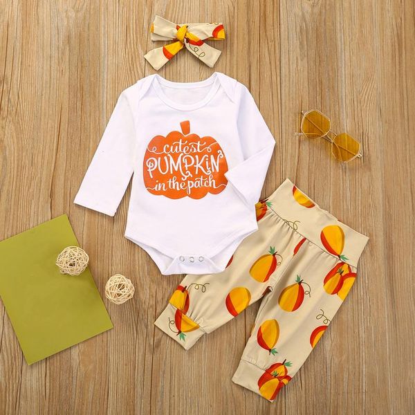 Set di abbigliamento Adorabile neonato Neonate Ragazze Tuta Tuta Zucca di Halloween Pagliaccetto + Pantaloni + Fasce Abiti Set Abiti in costume