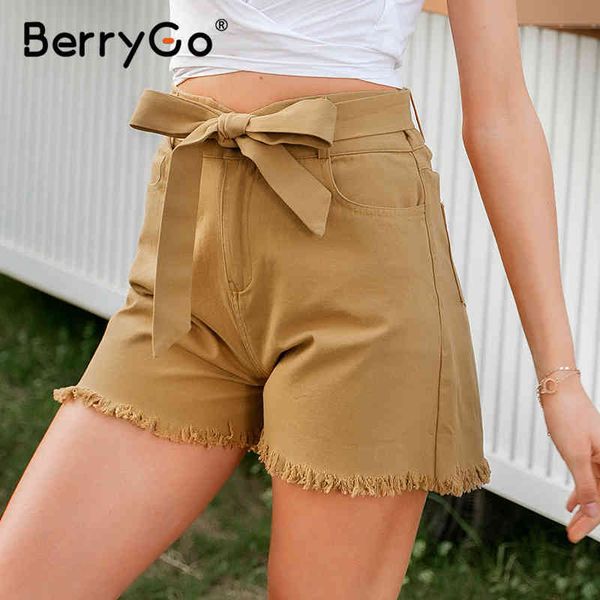 

berrygo women shorts casual high waist bottom bow tie sash tassel skinny solid fashion ladies 210513, White;black