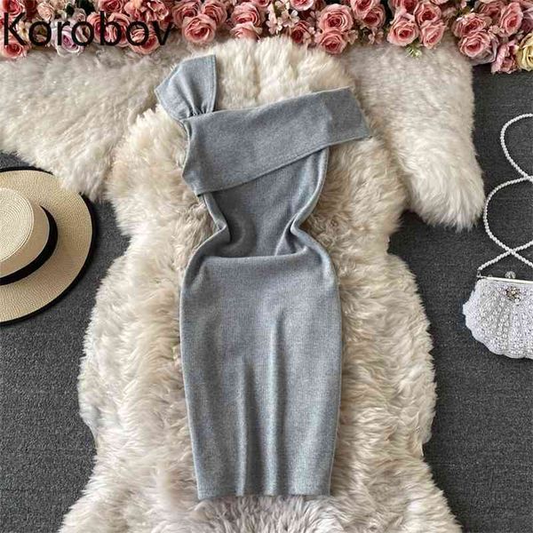 

korobov new chic bodycon dress women solid color off shoulder slim waist mini dresses casual fashion all-match vestidos 210430, Black;gray