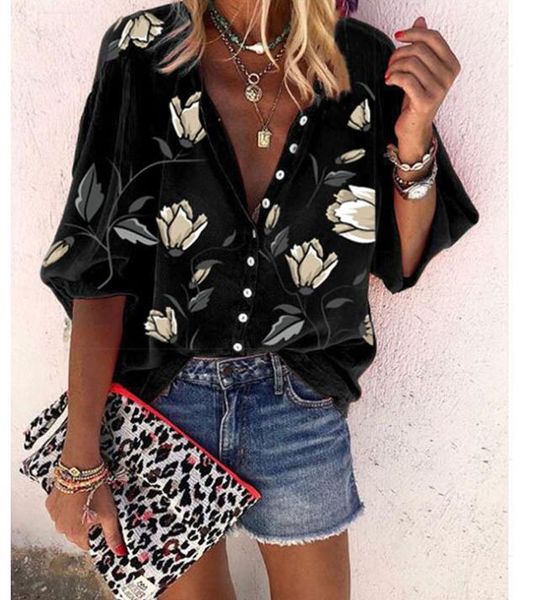 

women's blouses & shirts s-5xl plus size women autumn v-neck buttoned floral print lantern long sleeve loose blouse and, White