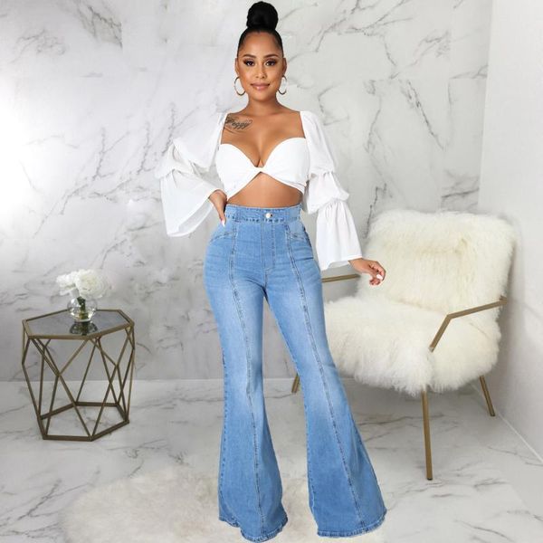 

women's jeans 3xl stitching high waist flared pants super stretch mom, Blue