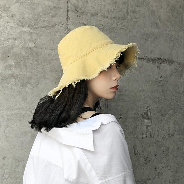 

rough selvedge bucket hat women beach sun fashion simple pure color cap folding washable canvas travel wide brim hats, Blue;gray
