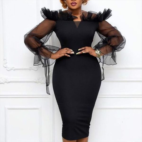 

bodycon mesh patchwork long lantern womens dress sleeves elegant classy office ladies vestidos sheath african fashion plus size, Black;gray