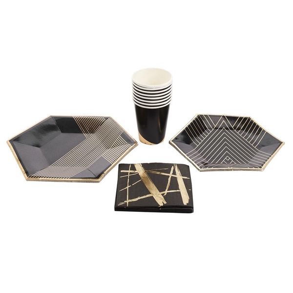 

disposable dinnerware black series gold blocking tableware party paper plates napkins cups birthday wedding year decor