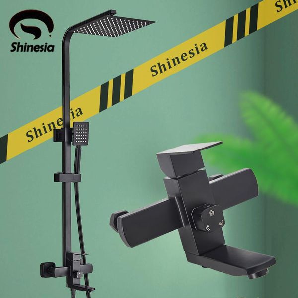 

shinesia matte black shower faucet set 3-function switch wall mount rain shower faucet with hand tub spout cold mixer