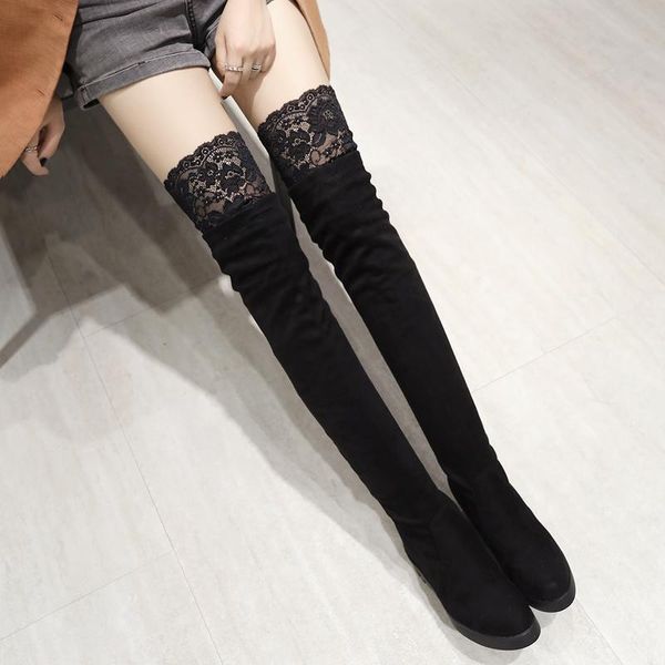 

boots magical2021 bla suede lace inside raised slope heel over the knee show thin, autumn and winter plush women's high tub, Black