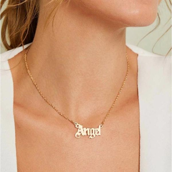 

pendant necklaces vintage gold angel letter necklace for women girl fashion old english name choker party jewelry mom gift, Silver