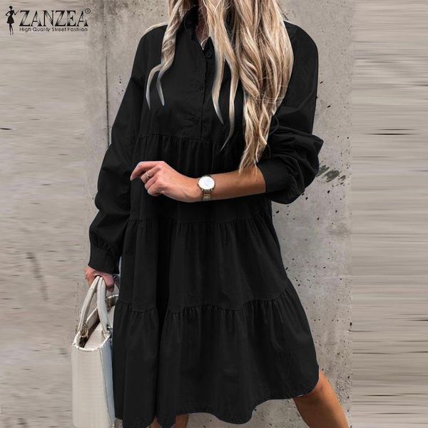 

casual dresses stylish women spring sundress 2022 solid shirt dress puff sleeve short vestidos female button robe femme oversized, Black;gray