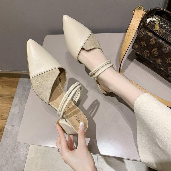 

spring and summer korean style pointed toe baotou half drag two wear low heel slippers flat sandals women's shoes, Black