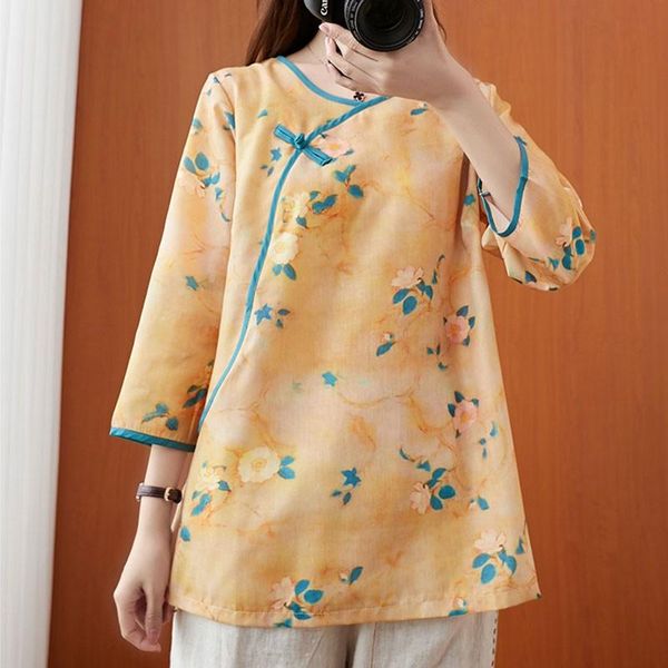 

women cotton linen blouses shirts 2021 autumn chinese style vintage floral print loose comfortable female casual s2574 women's &, White
