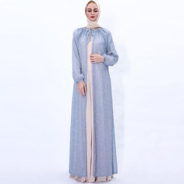 

ethnic clothing muslim dress bright silk cape blue drawstring lace-up women cardigan summer kimono fashion abaya turkey donsignet, Red