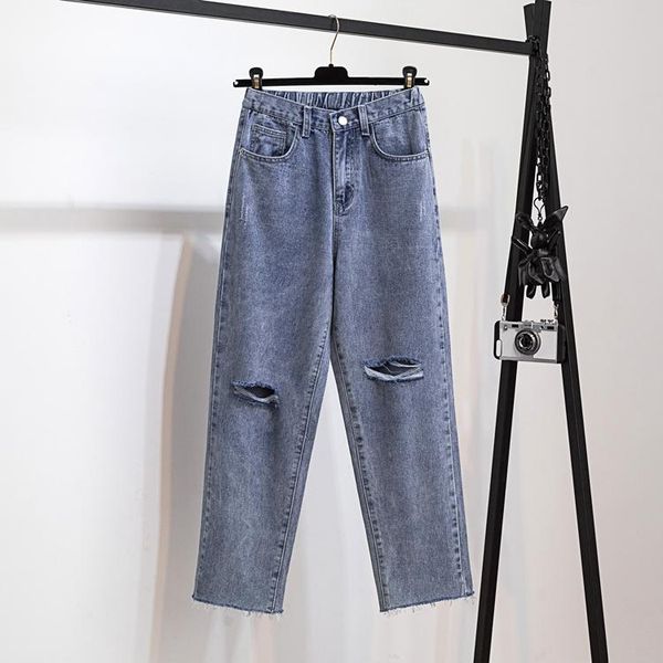 

women's jeans 2021 will spring a show thin hole loose female light foot trousers fashion and personality, Blue