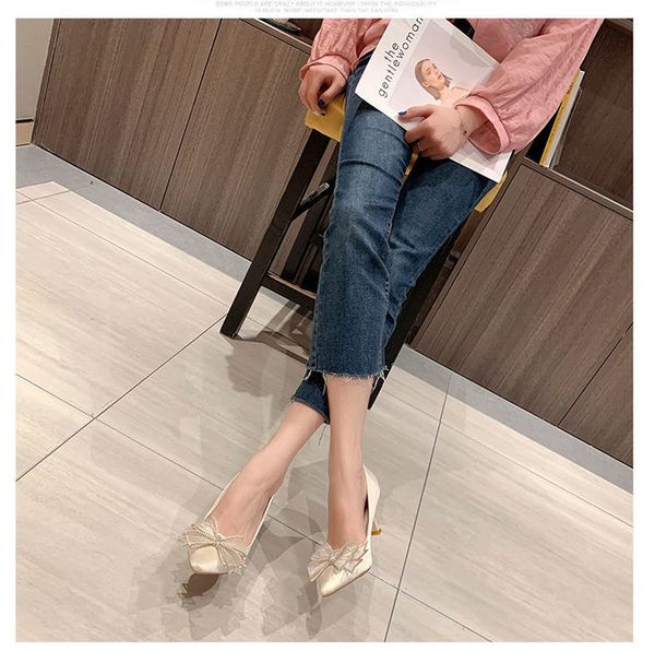 

baotou sandals dress shoes women 2021 summer new style rhinestone bow fairy pointed stiletto high heels for ladies, Black