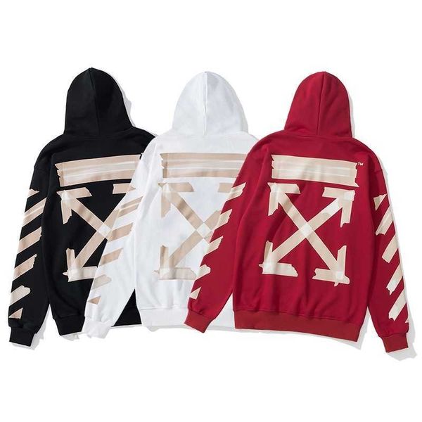 

hoodiesoff ow white autumn fashion brand adhesive tape strip arrow printing cotton terry couple's sweater men's and women's c, Black